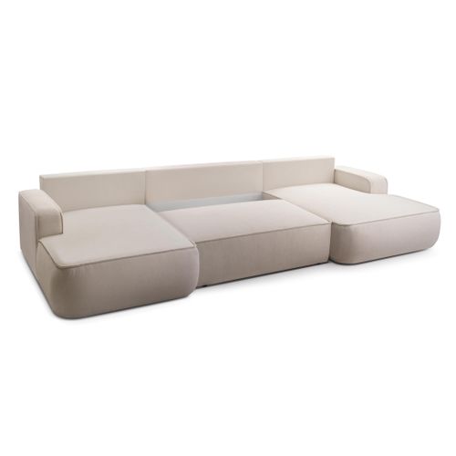 Canapé Panoramique En Tissu Crème Ablia U 364/168/87 Cm - Avec Coffre Et Fonction Lit