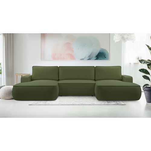 Canapé Panoramique En Tissu Vert Ablia U 364/168/87 Cm - Avec Coffre Et Fonction Lit