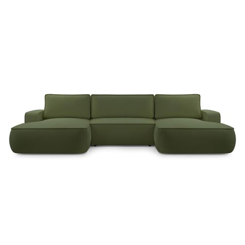 Canapé Panoramique En Tissu Vert Ablia U 364/168/87 Cm - Avec Coffre Et Fonction Lit