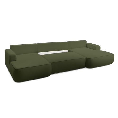 Canapé Panoramique En Tissu Vert Ablia U 364/168/87 Cm - Avec Coffre Et Fonction Lit