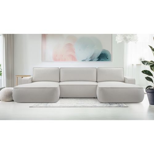 Canapé Panoramique En Tissu Gris Clair Ablia U 364/168/87 Cm - Avec Coffre Et Fonction Lit