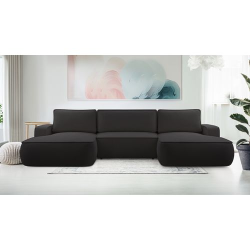 Canapé Panoramique En Tissu Noir Ablia U 364/168/87 Cm - Avec Coffre Et Fonction Lit