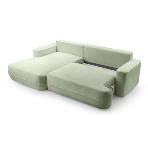 Canapé D'angle Gauche En Tissu Vert Clair Peoni 267/168/87 Cm - Avec Coffre Et Fonction Lit