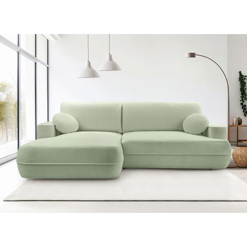 Canapé D'angle Gauche En Tissu Vert Clair Peoni 267/168/87 Cm - Avec Coffre Et Fonction Lit