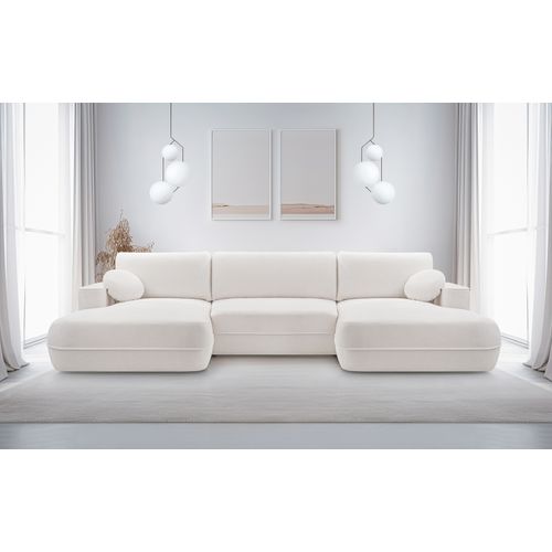 Canapé Panoramique En Tissu Blanc Peoni U 364/168/87 Cm - Avec Coffre Et Fonction Lit