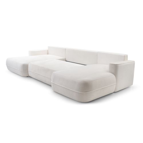 Canapé Panoramique En Tissu Blanc Peoni U 364/168/87 Cm - Avec Coffre Et Fonction Lit