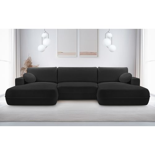 Canapé Panoramique En Tissu Noir Peoni U 364/168/87 Cm - Avec Coffre Et Fonction Lit