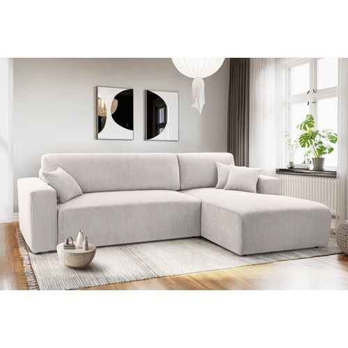 Canapé D'angle Droit En Velours Côtelé Crème Catea 279/145/84 Cm - Coffre + Lit