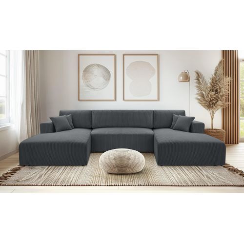 Canapé Panoramique En Velours Côtelé Gris Catea U  364/145/85 Cm - Coffre + Lit