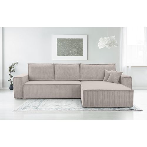 Canapé D'angle Réversible En Velours Côtelé Crème Cedria 287/145/85 Cm - Coffre + Lit