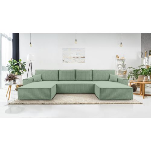 Canapé Panoramique En Velours Côtelé Menthe Cedria U 389/145/85 Cm - Coffre + Lit