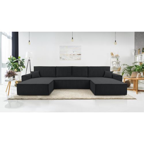 Canapé Panoramique En Velours Côtelé Gris Foncé Cedria U 389/145/85 Cm - Coffre + Lit