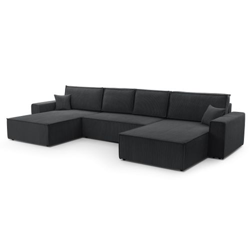 Canapé Panoramique En Velours Côtelé Gris Foncé Cedria U 389/145/85 Cm - Coffre + Lit