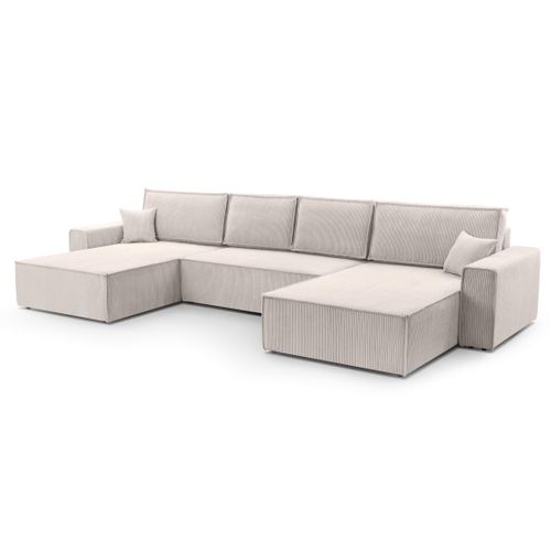 Canapé Panoramique En Velours Côtelé Crème Cedria U 389/145/85 Cm - Coffre + Lit