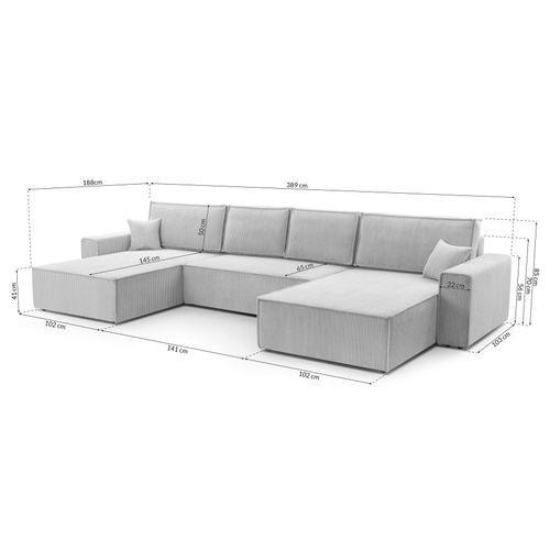 Canapé Panoramique En Velours Côtelé Crème Cedria U 389/145/85 Cm - Coffre + Lit