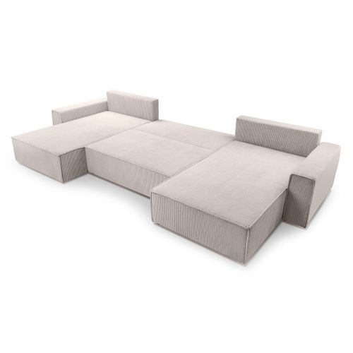 Canapé Panoramique En Velours Côtelé Crème Cedria U 389/145/85 Cm - Coffre + Lit