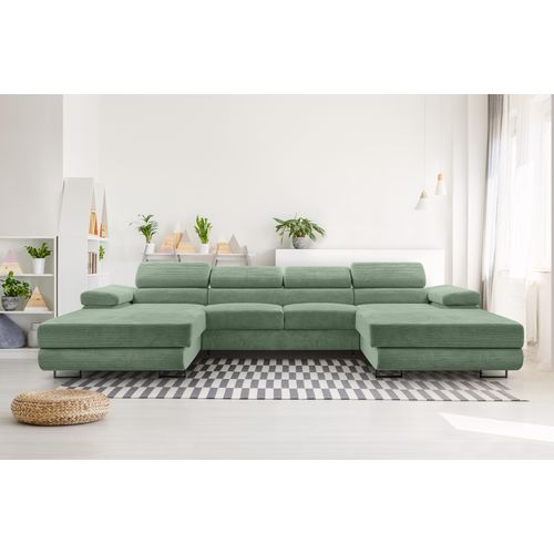 Canapé Panoramique En Velours Côtelé Menthe Arborio U 352/202/90 Cm - Coffre + Lit