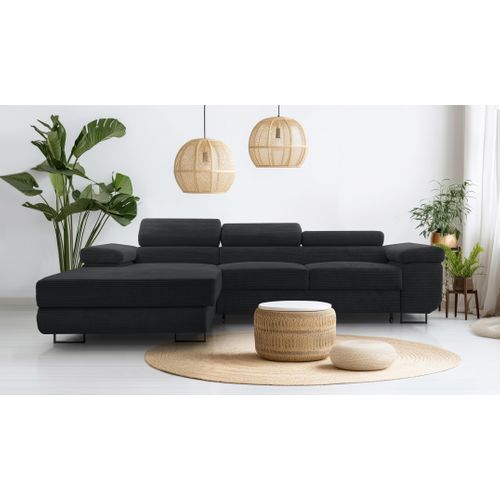 Canapé D'angle Gauche En Velours Côtelé Noir Arborio 280/203/90 Cm - Coffre + Lit