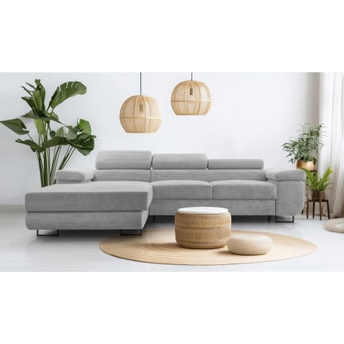Canapé D'angle Gauche En Velours Côtelé Gris Clair Arborio 280/203/90 Cm - Coffre + Lit