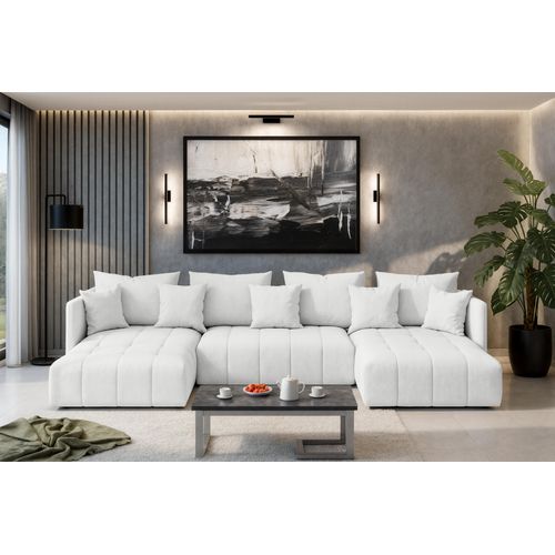 Canapé Panoramique En Tissu Blanc Veliro U 353/180/83 Cm - Avec Coffre Et Fonction Lit
