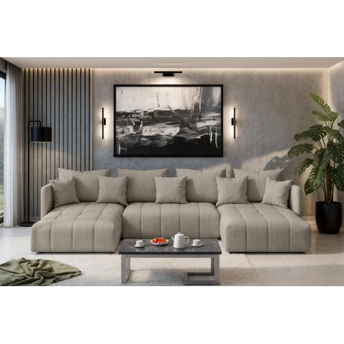 Canapé Panoramique En Tissu Beige Clair Veliro U 353/180/83 Cm - Avec Coffre Et Fonction Lit