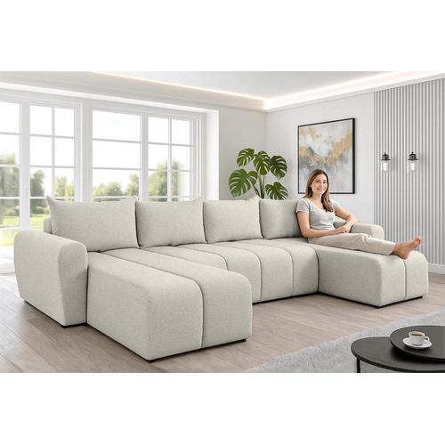 Canapé Panoramique En Tissu Noir Ferrande U  318/149/91 Cm- Avec Coffre Et Fonction Lit