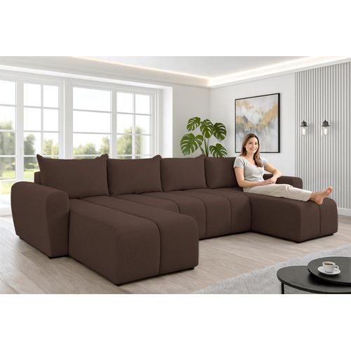 Canapé Panoramique En Tissu Noir Ferrande U  318/149/91 Cm- Avec Coffre Et Fonction Lit