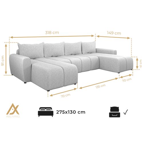 Canapé Panoramique En Tissu Noir Ferrande U  318/149/91 Cm- Avec Coffre Et Fonction Lit