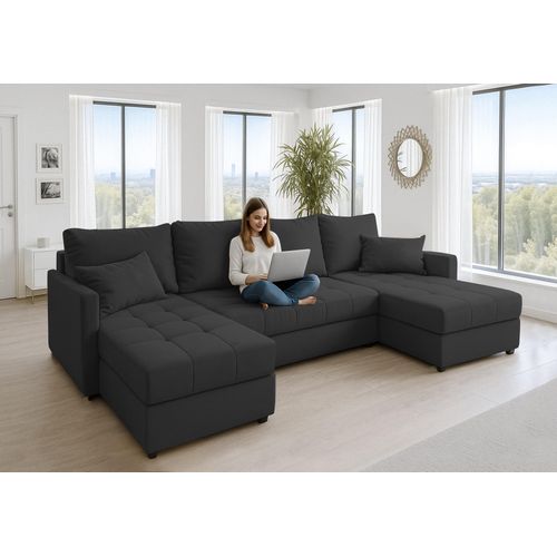 Canapé Panoramique En Tissu Taupe Dolceo U 287/140/73 Cm - Avec Coffre Et Fonction Lit
