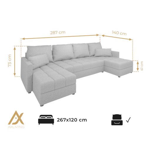 Canapé Panoramique En Tissu Argenté Dolceo U 287/140/73 Cm - Avec Coffre Et Fonction Lit