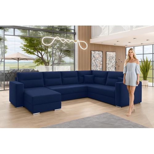 Canapé Panoramique En Tissu Bleu Foncé Lovere U  314/217/90 Cm - Avec Coffre Et Fonction Lit