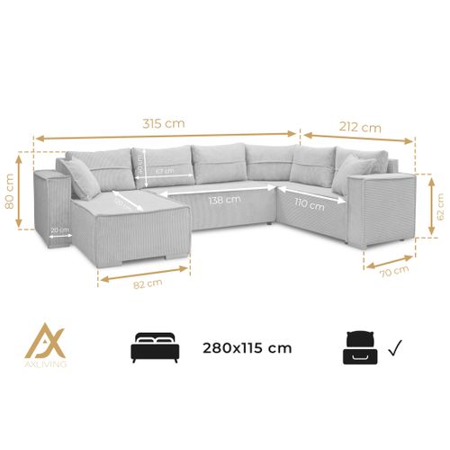Canapé Panoramique En Tissu Gris Foncé Lovere U  314/217/90 Cm - Avec Coffre Et Fonction Lit