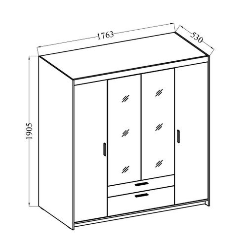 Armoire Avec Miroir 4 Portes 2 Tiroirs Storicos Imitation Chêne Sonoma L.176,3 Cm - Design Moderne