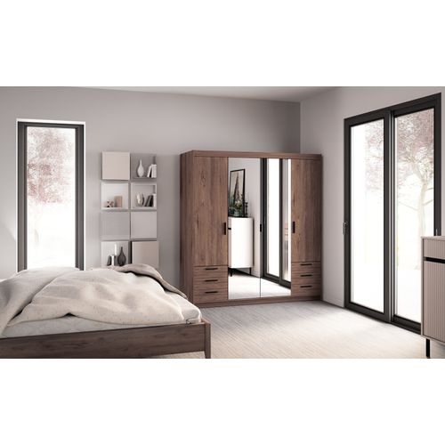 Armoire Avec Miroir 4 Portes 6 Tiroirs Storicos Imitation Chêne Lefkas L.176,3 Cm - Design Moderne