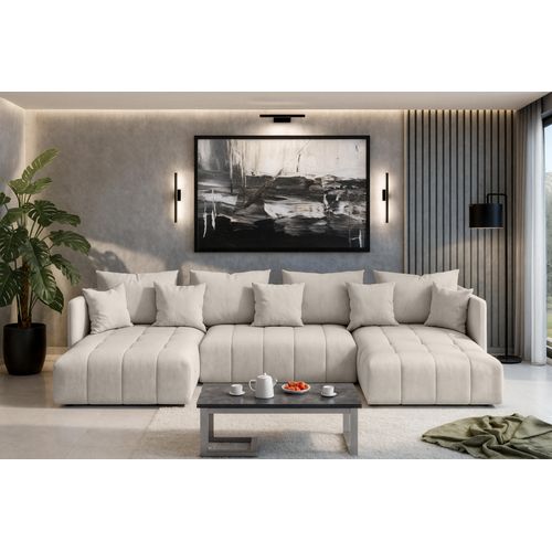 Canapé Panoramique En Tissu Beige Mersino U 353/180/83 Cm - Avec Coffre Et Fonction Lit
