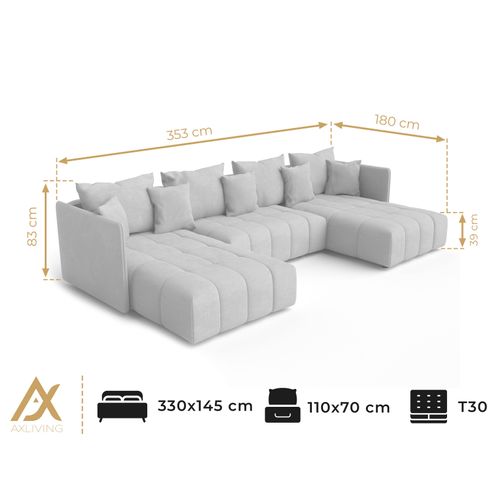 Canapé Panoramique En Tissu Beige Mersino U 353/180/83 Cm - Avec Coffre Et Fonction Lit