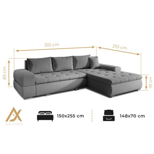 Canapé D’angle Réversible En Tissu Gris Sivaso 310x210x85 Cm – Avec Coffre Et Fonction Lit