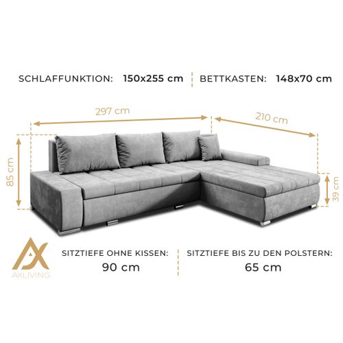 Canapé D’angle Réversible En Tissu Gris Tunceli 297x210x85 Cm – Avec Coffre Et Fonction Lit