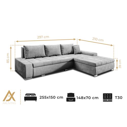 Canapé D’angle Réversible En Tissu Gris Tunceli 297x210x85 Cm – Avec Coffre Et Fonction Lit