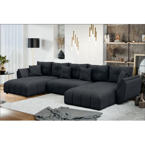 Canapé Panoramique En Tissu Noir Antalya U 382/190/91 Cm - Avec Coffre Et Fonction Lit