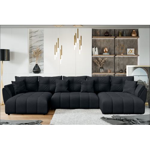 Canapé Panoramique En Tissu Noir Antalya U 382/190/91 Cm - Avec Coffre Et Fonction Lit