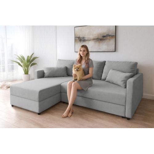 Canapé D’angle Réversible En Tissu Gris Clair Dolceo 226/140/78 Cm – Avec Coffre Et Fonction Lit