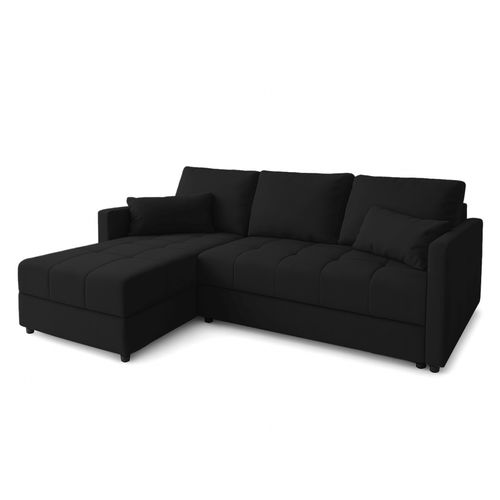 Canapé D’angle Réversible Capitonné En Tissu Noir Dolceo 226/140/78 Cm – Coffre + Lit