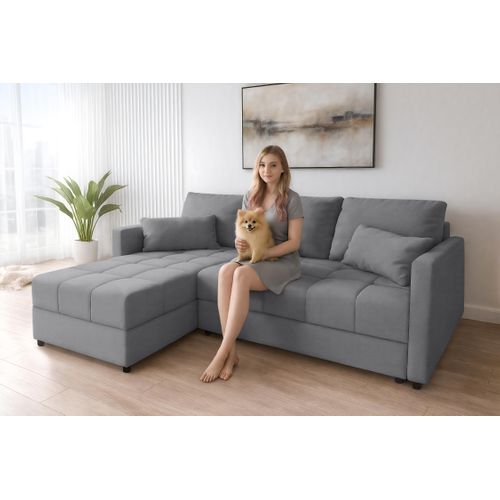 Canapé D’angle Réversible Capitonné En Tissu Argenté Dolceo 226/140/78 Cm – Coffre + Lit