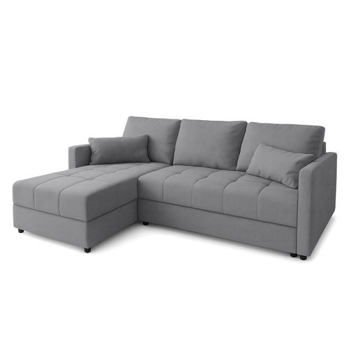 Canapé D’angle Réversible Capitonné En Tissu Argenté Dolceo 226/140/78 Cm – Coffre + Lit