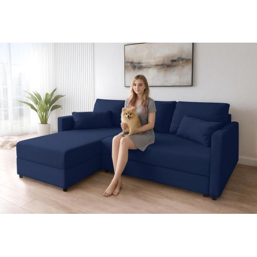 Canapé D’angle Réversible En Tissu Bleu Dolceo 226/140/78 Cm – Avec Coffre Et Fonction Lit