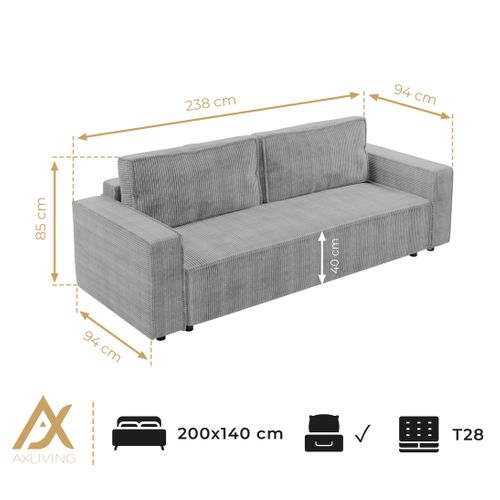Canapé Convertible 3 Places En Velours Côtelé Crème Aydin 238/94/85 Cm - Coffre + Lit