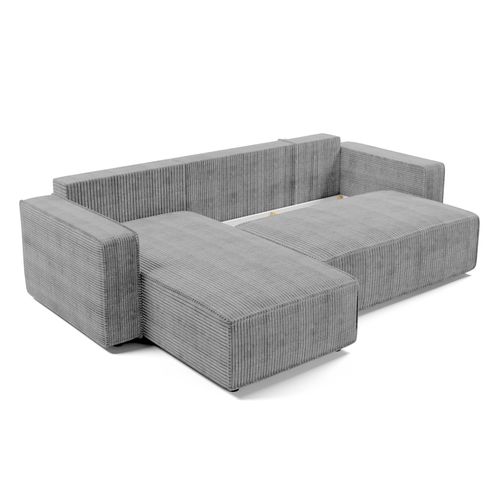 Canapé D'angle Réversible En Velours Côtelé Gris Clair Aydin L 258/169/85 Cm - Coffre + Lit