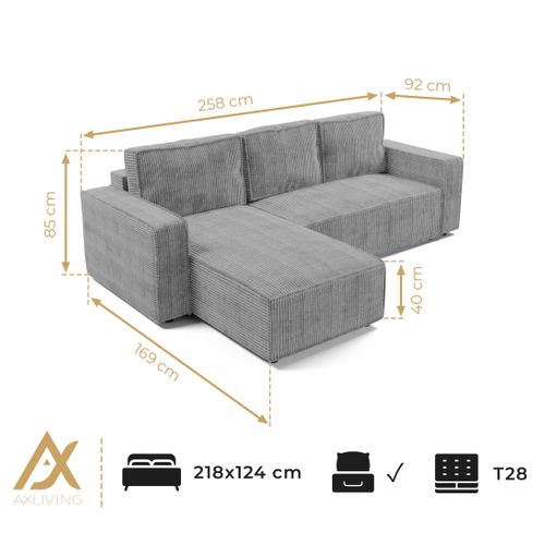 Canapé D'angle Réversible En Velours Côtelé Gris Clair Aydin L 258/169/85 Cm - Coffre + Lit