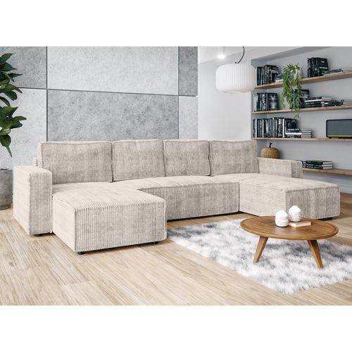 Canapé Panoramique En Velours Côtelé Crème Aydin U 338/169/85 Cm - Coffre + Lit